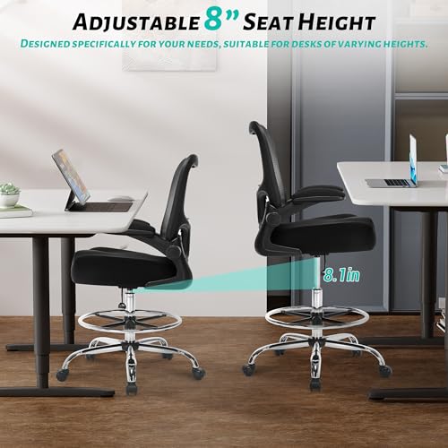 500LBS Ergonomic Drafting Chair Tall Office Chair for Counter Height or Standing Desk, Executive High Office Chairs with W-Shaped Thick Seat Cushion, Footrest Ring & Breathable Fabric, Black - color: Black