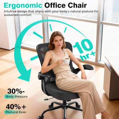 AreShark Office Chair - Ergonomic Breathable Mesh Desk Chair with Adjustable Lumbar Support and Flip-up Armrests - Executive High Back Rolling Swivel Comfortable Computer Gaming Chair for Home Office - color: Dark Gray