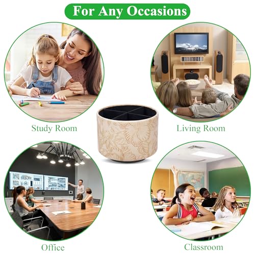 Round Leather Art Supply Organizer,Remote Control Holder,360 Degree Spinning,Multi-Functional Pencil Holder,4 Compartments Desktop Stationary Organizer(1-Carved Light Brown) - color: 1-Carved Light Brown