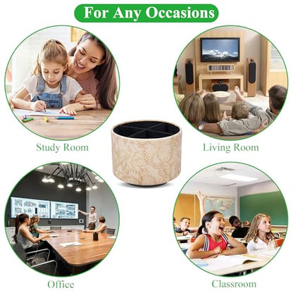 Round Leather Art Supply Organizer,Remote Control Holder,360 Degree Spinning,Multi-Functional Pencil Holder,4 Compartments Desktop Stationary Organizer(1-Carved Light Brown) - color: 1-Carved Light Brown