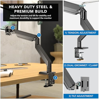 Mount-It! Heavy Duty Monitor Arm, 49-57" Ultrawide, 55 lbs | Full motion gas spring arm, tilt swivel rotate, VESA 75 & 100, fits Samsung Odyssey G9.