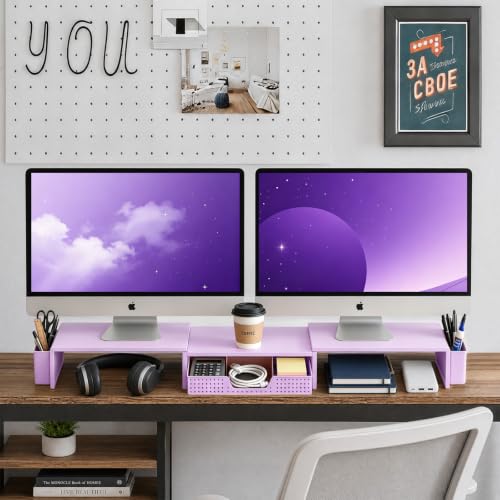 LEKETREE Dual Monitor Stand Riser with Drawer and 2 Pen Holders, Purple - color: Purple