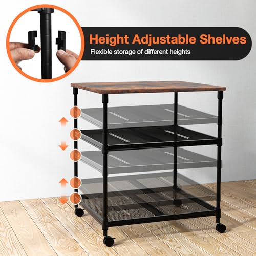 Giantex Printer Stand, 3-Tier Industrial Printer Cart with Lockable Wheels, Adjustable Shelves, Metal Frame, Mobile Under Desk Shelf for Home Office, Printer Table Fit Fax Machine, Scanner (Brown) - color: Brown, size: 24"x20"x27.5"