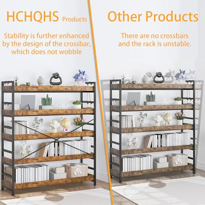HCHQHS 5 Tier Bookshelf, Adjustable Industrial Bookcase, Vertical Tall Book Shelf, Wood and Black Metal Open Bookshelves for Home Office, Living Room, Bedroom - color: Rustic Brown, size: 5-Tier (47"W x 57"H)
