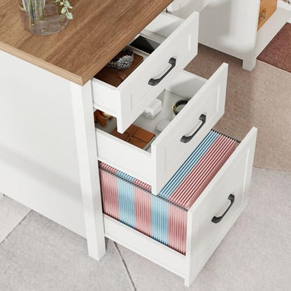 Vabches Farmhouse 61'' Executive Desk with 5 Drawers,Brown Top - color: Unique White, size: 61" W