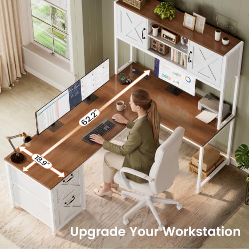 SEDETA Reversible Farmhouse L Shaped Computer Desk with Drawers, Hutch - color: White and Brown
