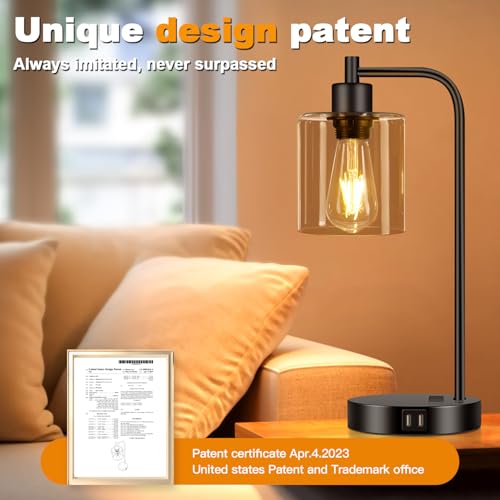 Set of 2 Industrial Touch Control Table Lamps with 2 USB Ports and AC Outlet - 3-Way Dimmable Black Bedside Lamp Nightstand Desk Lamps for Bedroom Living Room, Amber Glass Shade & 2 LED Bulbs Included - color: Black(2 pack)-Amber Glass-Touch Control