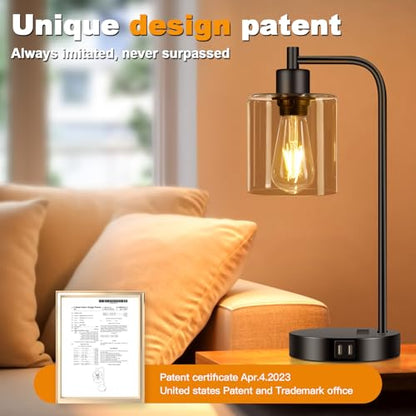 Set of 2 Industrial Touch Control Table Lamps with 2 USB Ports and AC Outlet - 3-Way Dimmable Black Bedside Lamp Nightstand Desk Lamps for Bedroom Living Room, Amber Glass Shade & 2 LED Bulbs Included - color: Black(2 pack)-Amber Glass-Touch Control