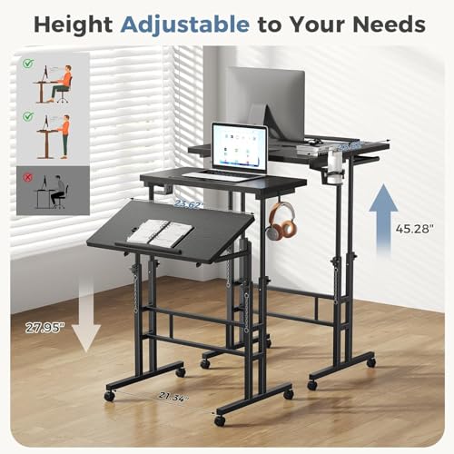 Simple Deluxe Split Top Rotating Standing Desk on Wheels – 23.6" Manual Adjustable Height Mobile Laptop Computer Table – Sit Stand Rolling Workstation with Tilt Function– Black - color: Black