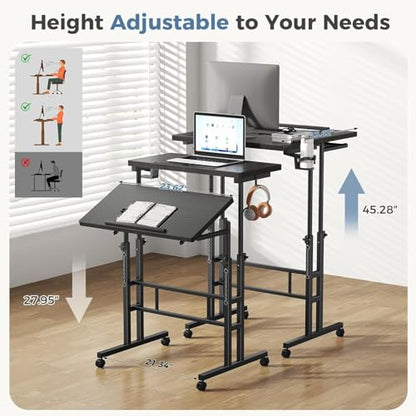 Simple Deluxe Split Top Rotating Standing Desk on Wheels – 23.6" Manual Adjustable Height Mobile Laptop Computer Table – Sit Stand Rolling Workstation with Tilt Function– Black - color: Black