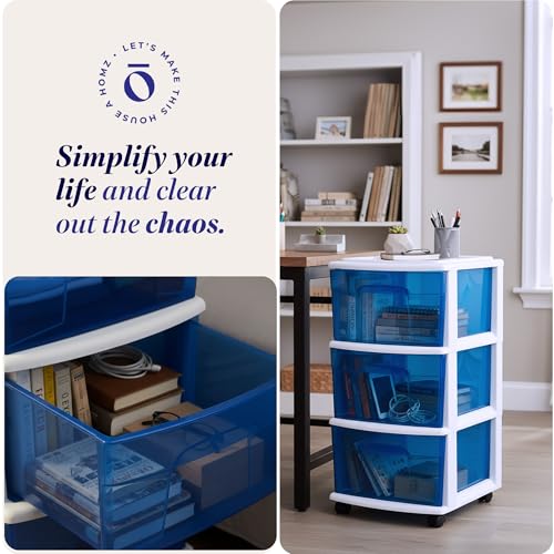 HOMZ Drawer Tower, 3-Tier Storage Cart with Removable Wheels, White Frame - color: White Frame/Blue Drawers, size: 1 Pack