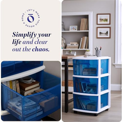 HOMZ Drawer Tower, 3-Tier Storage Cart with Removable Wheels, White Frame - color: White Frame/Blue Drawers, size: 1 Pack
