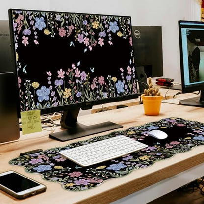 L-SPOUTTO Black Floral Mouse Pad,Scalloped Desk Mat XXL Gaming Mousepad | Botanical 35.4x15.7in Large Non-Slip Rubber Base Keyboard Pad Waterproof Desktop Mat for Laptop Computer Game Home Office - color: Flowers