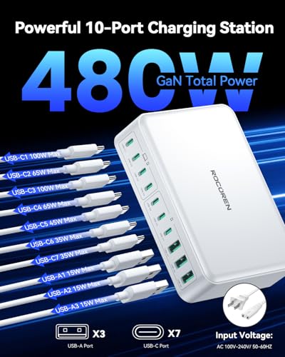 Rocoren 480W GaN 10‑Port Charging Station,PD 100W Fast Charger Block Hub - color: White-480W