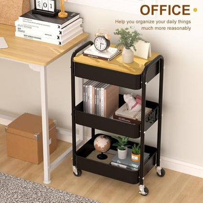 3 Tier Metal Utility Cart, Rolling Storage Cart with Wooden Tabletop, Metal Organizer Cart with Lockable Wheels for Office, Bedroom, Kitchen and Living Room (Black) - color: Black