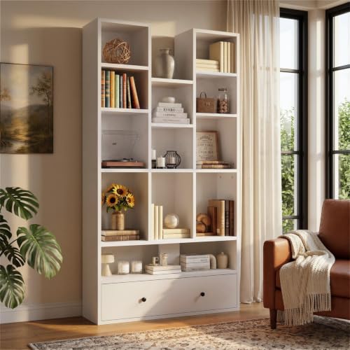PUKAMI 65" Tall Bookshelf with Drawers, 4-Tier Open Display Bookcase with 11 Storage Cubes, Modern Freestanding Organizer for Living Room Home Office, White - color: White