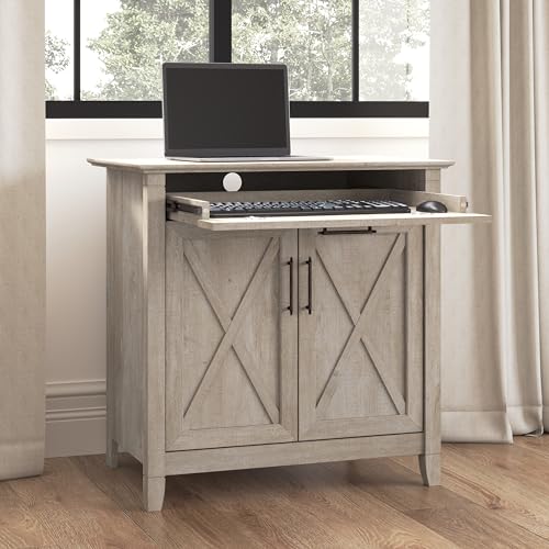 Bush Furniture Key West Secretary Desk with Keyboard Tray and Storage Cabinet in Washed Gray