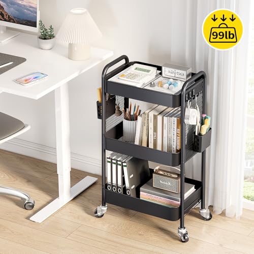 TOOLF 3 Tier Rolling Cart, Metal Utility Storage Cart with Pegboard, Black | 2 Bins & 4 Hooks, Screwless Assembly, Lockable Wheels, Trolley Organizer for Bathroom, Kitchen, Office, Dorm, Craft Room - color: Black, size: 3-Tier