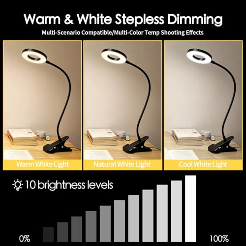 Desk Clip on Lamp for Reading Home Office, Book Light, 10 Dimmable Brightness 3 Modes, Clamp Light for Bed Headboard