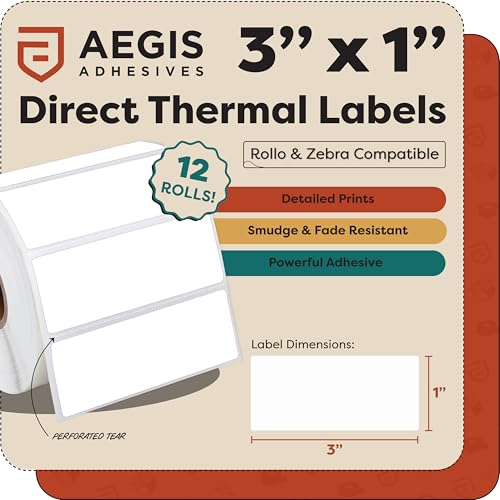 3" X 1" Direct Thermal Labels (15600 Count, 12 Rolls) - size: 3" X 1"
