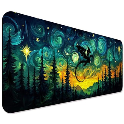 Starry Night Forest Dragon Gaming Desk Mat, XL Extended Mouse Pad - color: W05