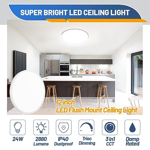 Allsmartlife 12 Inch LED Flush Mount Ceiling Light, 24W 3CCT 3000K/4000K/6500K Bathroom Ceiling Light Fixtures Round - color: White, size: 12inch 6-Pack