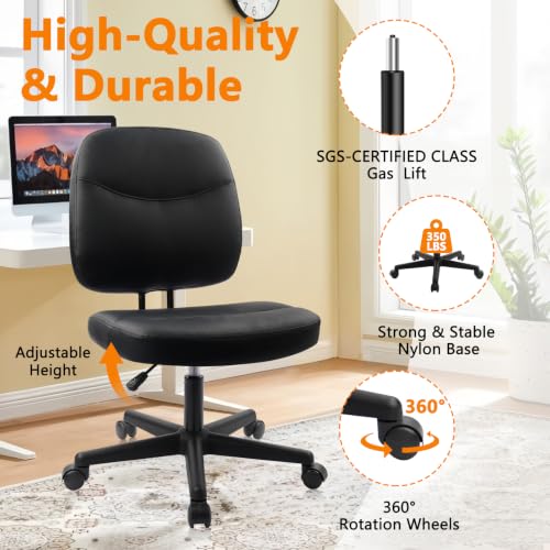 CLATINA Armless Home Office Chair,Small PU Leather Ergonomic Low Back Desk Chair with Lumbar Support and Wheels, Adjustable Height 360° Swivel Rolling Computer Task Chair, Black, 2 Pack - color: Black-heihu, size: 2 Pack