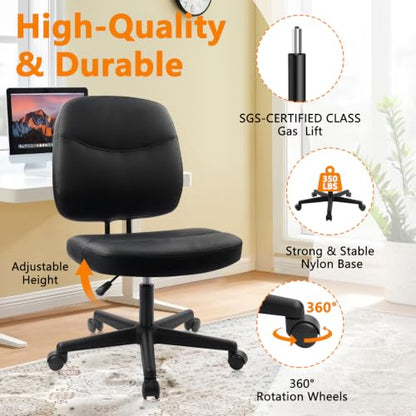 CLATINA Armless Home Office Chair,Small PU Leather Ergonomic Low Back Desk Chair with Lumbar Support and Wheels, Adjustable Height 360° Swivel Rolling Computer Task Chair, Black, 4 Pack - color: Black-heihu, size: 4 Pack
