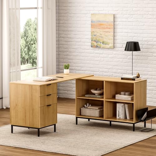 60" L Shaped Fluted Desk, Computer Desk with Movable Storage Cabinet Home Office Desk with 3 Drawers Metal Legs Corner Desk for Gaming Study, Natural Oak - color: Natural Oak, size: 60"D x 41.3"W x 29.9"H