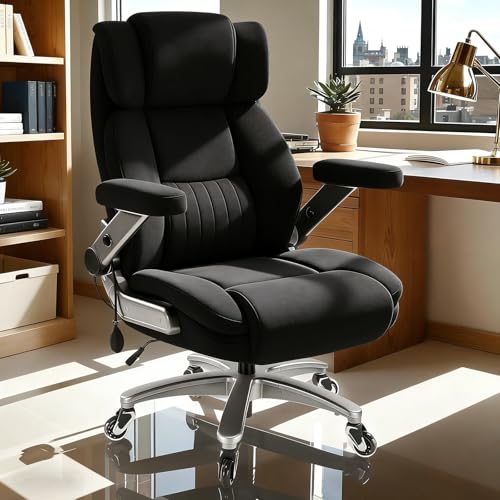Fabric 600LBS Heavy Duty Office Chair with 5D Flip Arms for Heavy People,Comfy Cloth Big and Tall Desk Chair with Pocket Spring Cushion,High Back Computer Chair with Adjustable Lumbar Support - color: Fabric Black