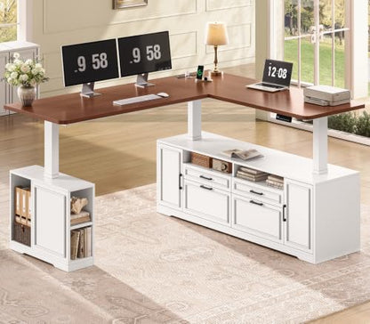 SEDETA Farmhouse L Shaped Executive Electric Standing Desk with 4 Drawers | 69" x 55" Height Adjustable Office Computer Desk with Storage Shelves, Power Outlet for Home Office, White - color: White and Brown