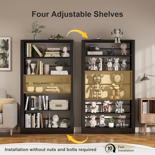 5-Tier Expandable Metal Bookshelf, 69"Heavy Duty Adjustable Shelves(Black) | Large,280LB Load Capacity Each Shelf,Industrial Sturdy Bookshelf,Easy Assembly,Wide/Tall/Deep Bookcase - color: Black, size: 69"H*36"W