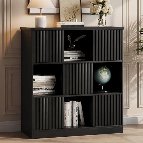 Einhomn Cube Storage Organizer with Sliding Doors, Wooden Bookshelf Storage Cabinet, 9 Cube Bookcase Organizer for Living Room Bedroom Office, Black - color: Black, size: 9 cube