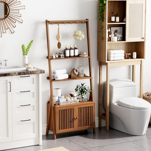 Bookcase with Drawers, Ladder Shelf 4-Tier Bamboo Bookshelf with 6 Hooks - color: 4-tier Walnut
