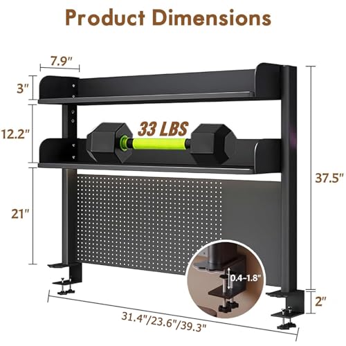 Clamp On Desk Pegboard Shelf - Metal Desktop Organizer Hutch with 2 Shelves | Storage and Display, Desk Add-On Shelf for Office, Dorm Room, Bedroom, Black, 39.3In - size: 39.3"