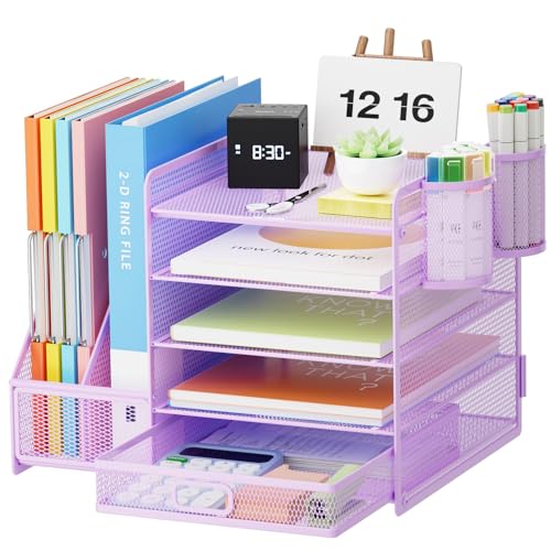Marbrasse Desk Organizer with File Holder, 5-Tier Paper Letter Tray Organizer with Drawer and 2 Pen Holder, Mesh Desktop Organizer and Storage with Magazine Holder for Office Supplies(Purple) - color: Purple