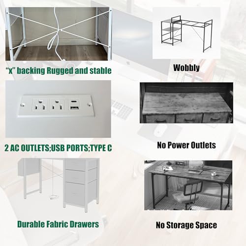 47.3" Office Desk with Power Outlet,3 Drawers,Side Pocket, Study Desk Easy to Assemble,Frame Stability Reversible for Home, Company Computer Game Table,Vanity Table, White