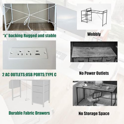 47.3" Office Desk with Power Outlet,3 Drawers,Side Pocket, Study Desk Easy to Assemble,Frame Stability Reversible for Home, Company Computer Game Table,Vanity Table, White