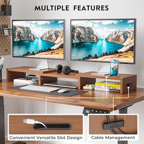 BONTEC Dual Monitor Stand Riser, Adjustable Length & Swivel Angle, Walnut - color: Walnut, size: 42.5 in