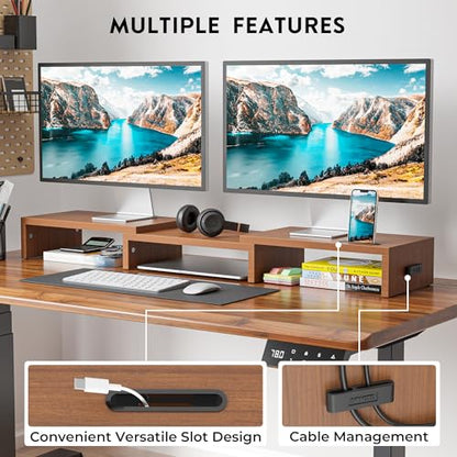 BONTEC Dual Monitor Stand Riser, Adjustable Length & Swivel Angle, Walnut - color: Walnut, size: 42.5 in
