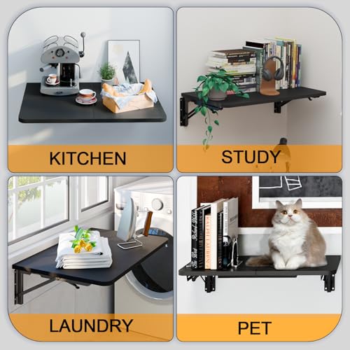 TEAMIX Wall Mounted Folding Table for Small Spaces, Black Floating Desk - color: Black, size: 22"W x 15.7"D