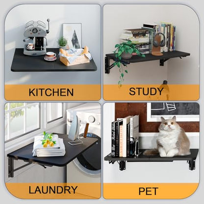 TEAMIX Wall Mounted Folding Table for Small Spaces, Black Floating Desk - color: Black, size: 22"W x 15.7"D