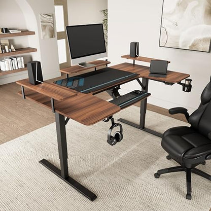 EUREKA ERGONOMIC Gaming Standing Desk with Keyboard Tray,74" U Shaped Studio Desk for Recording&Live,Electric Height Adjustable Desk w LED Convertible Shelves,Walnut