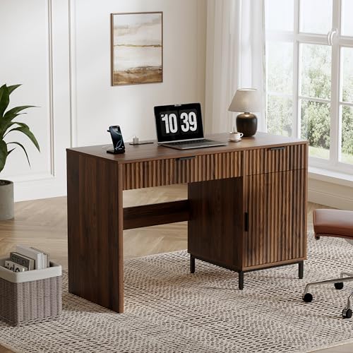 47" Office Desk with Fluted Drawers, Wooden Home Exectuive Desk with Storage Cabinet, Charging Station, Metal Legs Modern Farmhouse Computer Desk for Work, Study, Brown - color: Brown