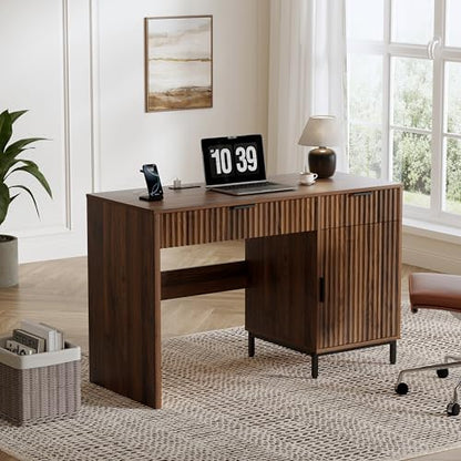 47" Office Desk with Fluted Drawers, Wooden Home Exectuive Desk with Storage Cabinet, Charging Station, Metal Legs Modern Farmhouse Computer Desk for Work, Study, Brown - color: Brown