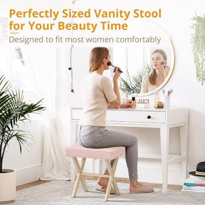 LUE BONA Vanity Stool, Square Linen Makeup Stool with Metal X Legs, Small Ottoman Stool Chair for Vanity, Modern Padded Vanity Seat Foot Rest Stool for Makeup Room, Bathroom, Pink Color - color: Pink