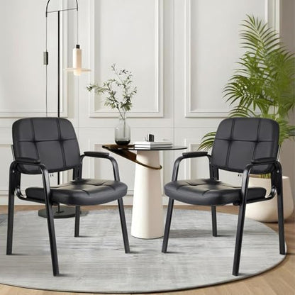 CLATINA Waiting Room Chairs No Wheels Set of 2, Stationary Leather Office Reception Guest Chair with Padded Arms for Elderly Desk Conference Room Lobby Table Side Salon - color: Black, size: 2 Pack