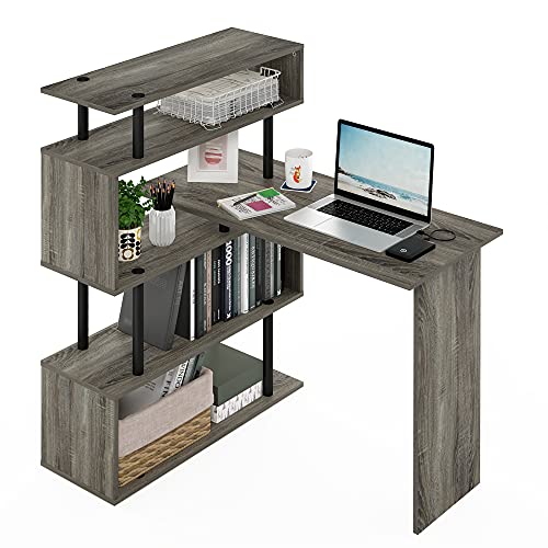 Furinno Moore L-Shape Computer Desk with 5-Tier Shelves, French Oak | L-Shape Gaming Desk, Reversible, Computer Desk, for Home Office, Bedroom - color: French Oak/Black