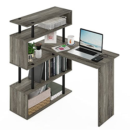 Furinno Moore L-Shape Computer Desk with 5-Tier Shelves, French Oak | L-Shape Gaming Desk, Reversible, Computer Desk, for Home Office, Bedroom - color: French Oak/Black
