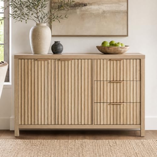 OAKHAM HOME Fluted Sideboard Cabinet 46.6'' Golden Oak | Buffet Cabinet, 2 Doors and 3 Drawers, Modern Storage Credenza, Adjustable Shelves, For Living Room, Entryway or Kitchen - color: Golden Oak, size: 15.4"D x 46.6"W x 29.2"H